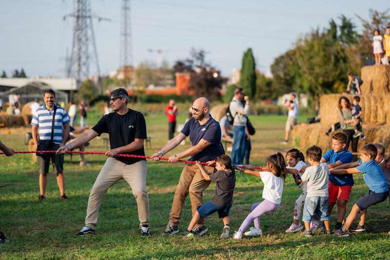a group of dads playing tug-of-war with the children